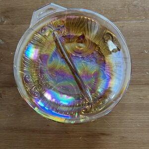 Vintage Carnival Glass Divided Relish Dish Iridescent Amber Gold Floral Marigold